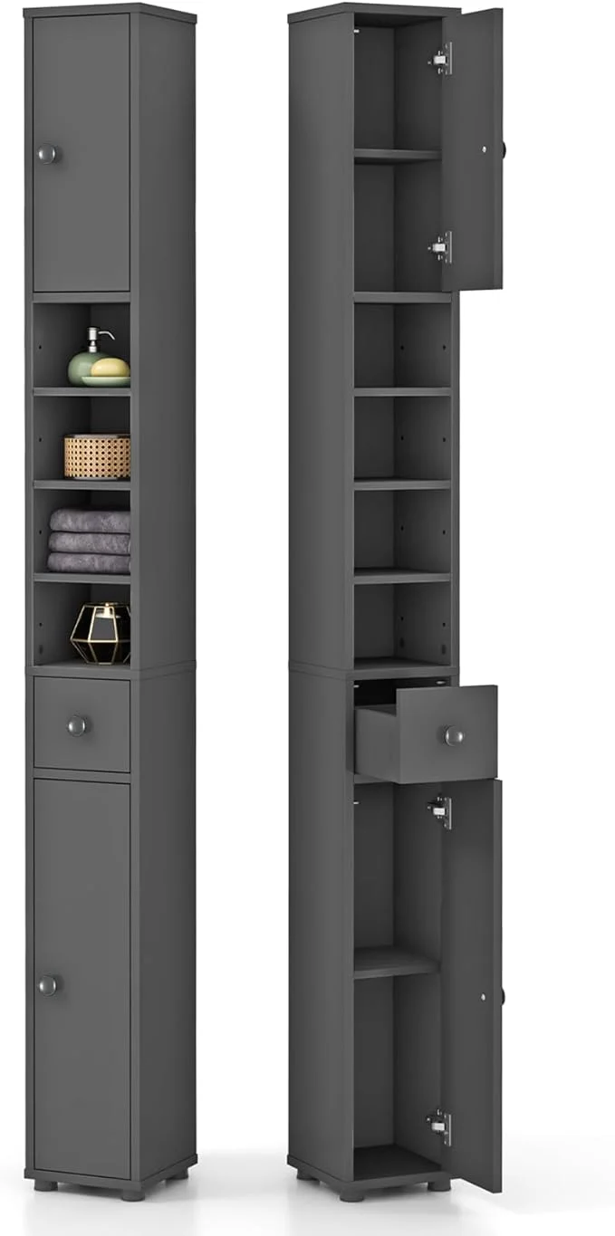 Classic Giantex Slim Bathroom Storage Cabinet – 71 Tall Narrow Floor Cabinet Cupboard with 2 Doors 5 Adjustable Shelves 1 Drawer Anti-Tipping Device Thin Linen Tower Cabinet for Living Room 2 Grey About ThisOverview High-Grade