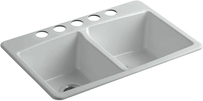 Official KOHLER 5846-5U-95 Brookfield Under-Mount Double-Equal Bowl Kitchen Sink with 5 Oversized Faucet Holes Ice GreyAbout ThisOverview High-Grade