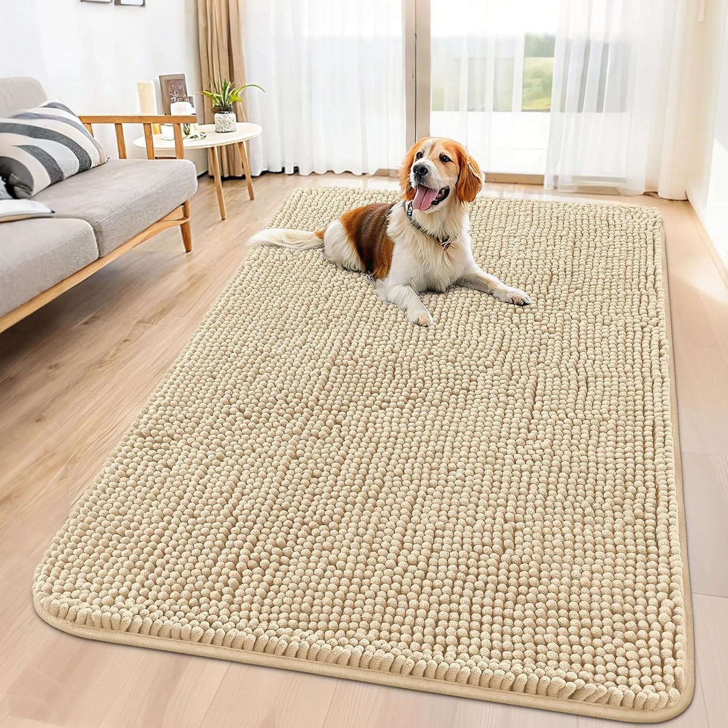 Clean Smiry Dog Door Mat for Muddy Paws 59×35 Absorbs Moisture and Dirt Doormat Non-Slip Washable Quick Dry Chenille Front Door Mat Indoor Entrance Entryway Carpet for Inside Floor Beige Casual