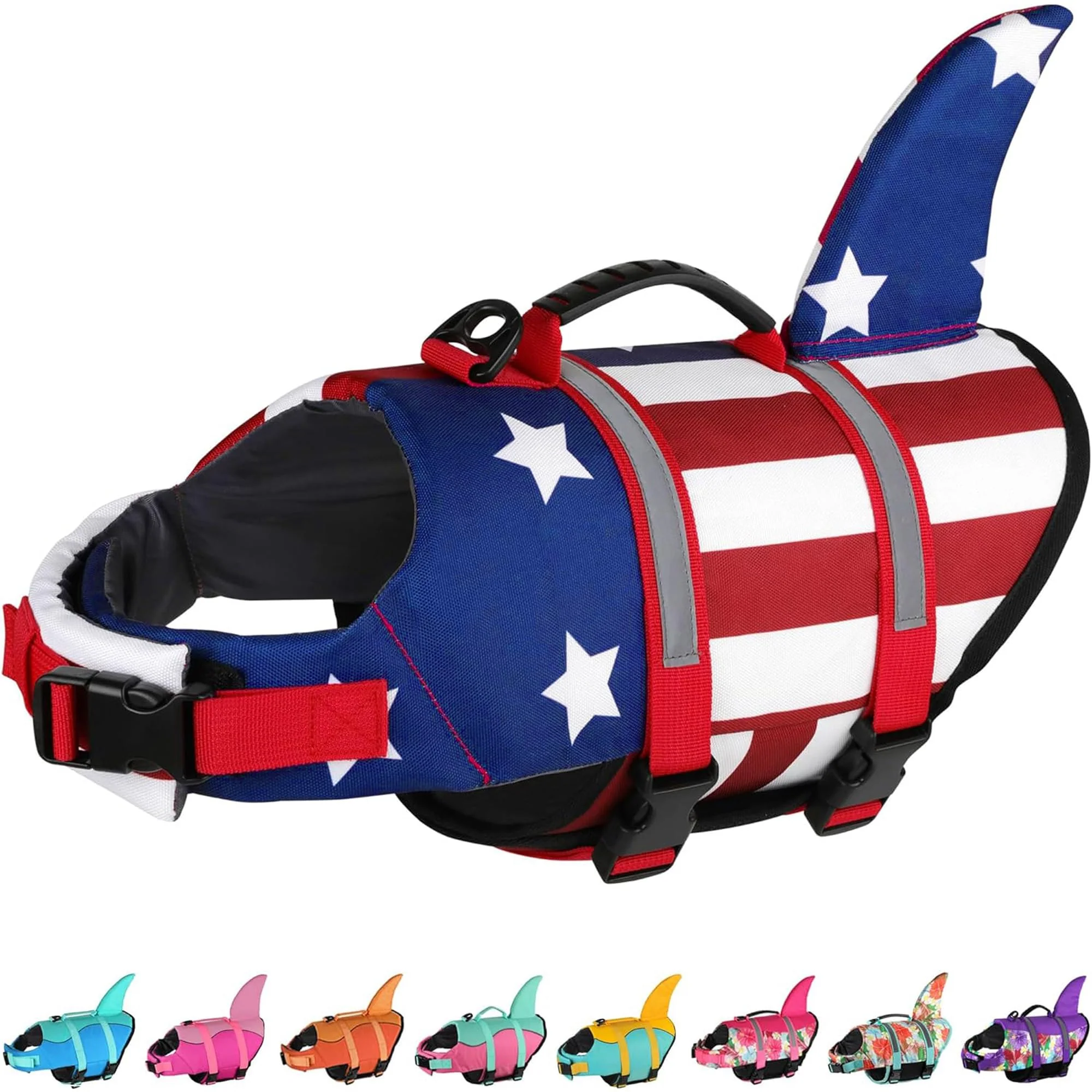 Advanced Dogcheer Shark Life Jacket for Dogs USA Flag Vest with Rescue Handle Reflective Stripes Quality