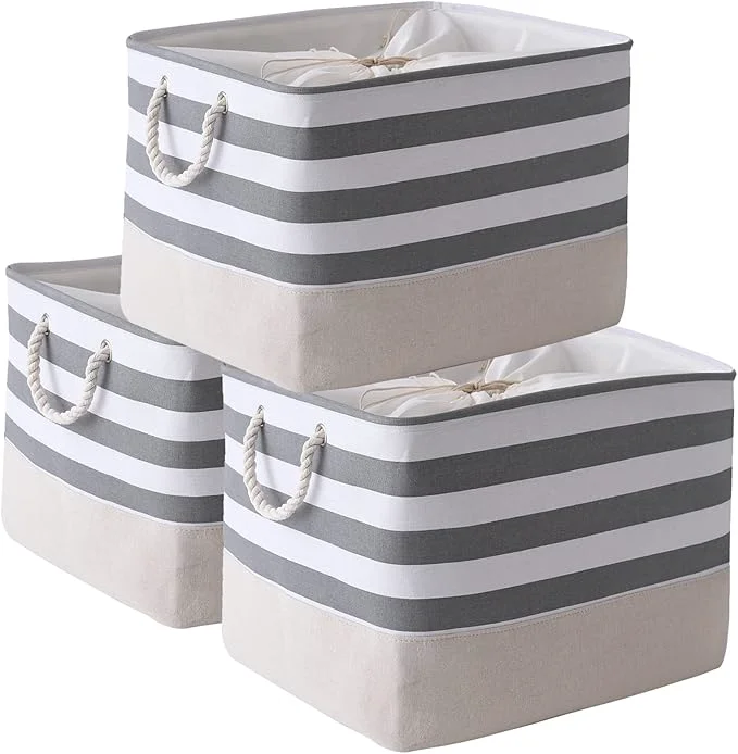 Clean TheWarmHome Jumbo Storage Bins Baskets Sturdy Fabric Organizing Basket W Handles Decorative Foldable Storage Baskets for Shelves Closet Nursery Toy Grey White Stripes 3 Pack 20.5Lx15.7Wx13.8H in About ThisOverview Consistent