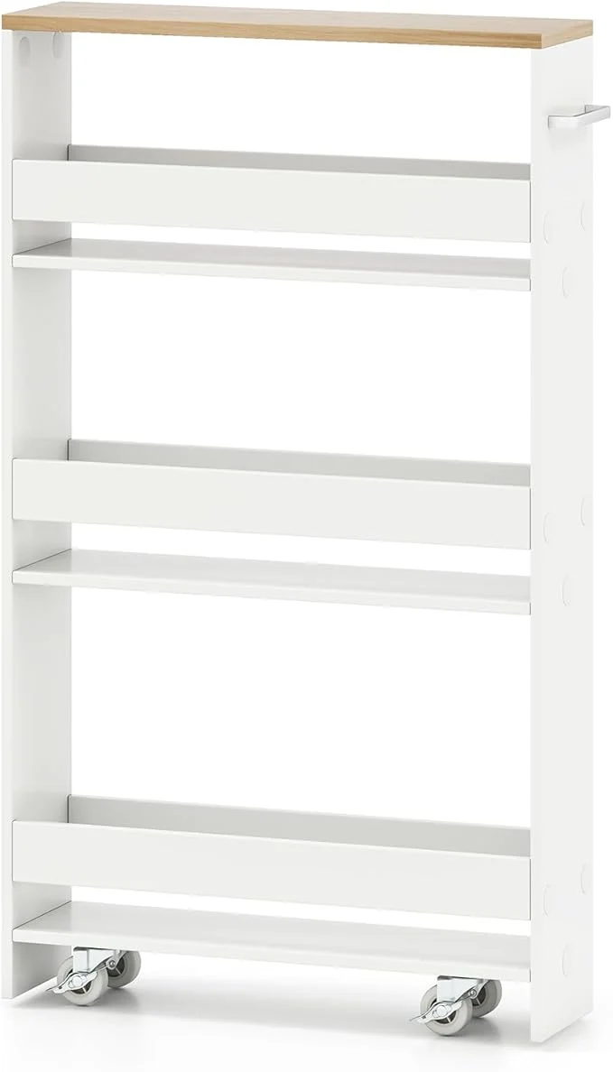 World-Class Small Kitchen Cart 4-Tier Slim Rolling Island w Handle Laundry Room Storage Organizers Between Washer and Dryer Narrow Spice Rack on Wheels Next to Fridge White Natural 5” About ThisOverview Fine