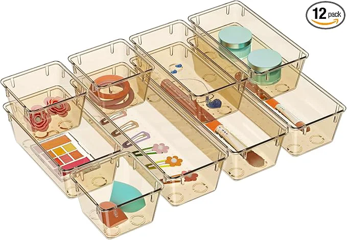 Verified WOWBOX 12 Pack Clear Drawer Organizer Set Acrylic Drawer Storage Trays Storage Bins for Makeup Cosmetics Jewelries Utensils Gadgets Office ChampagneAbout ThisOverview Premium Material