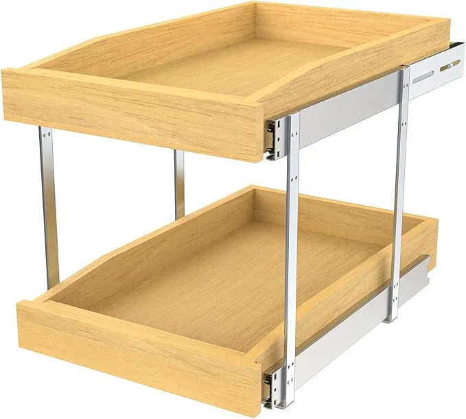 Casual 2 Tier Pull Out Cabinet Organizer 23 W x 21 D Solid Wood Heavy-Duty Base Bottom Assembly Slide out Drawer Shel Cabinet Organization for Kitchen Pantry BathroomAbout ThisOverview Versatile