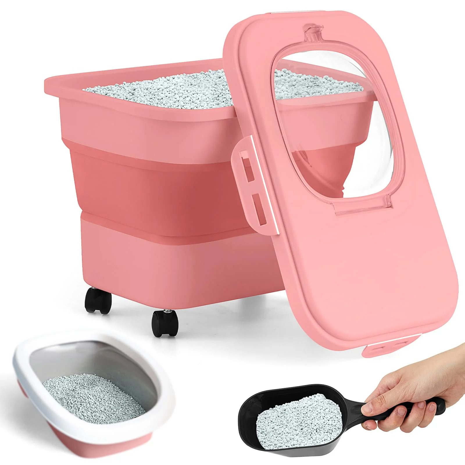 Modern Juexica Collapsible Cat Litter Storage Bin with Rolling Casters — 20 Lb Capacity Airtight Lid Shovel Red Quality