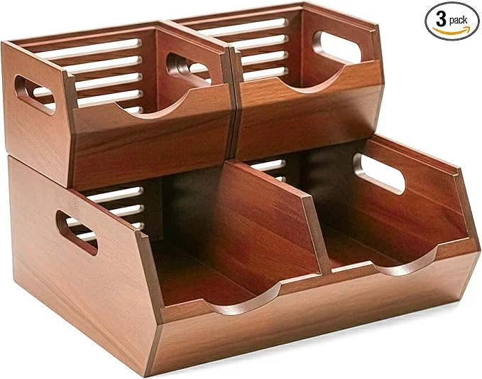 Premium Material HOMESTEAD Stackable Solid Wood Storage Bins for Kitchen Pantry Countertop Ventilated Potato and Onion Basket Organizer with Handles Wooden Produce Storage Containers 3-Pack Chestnut FinishAbout ThisOverview Fine