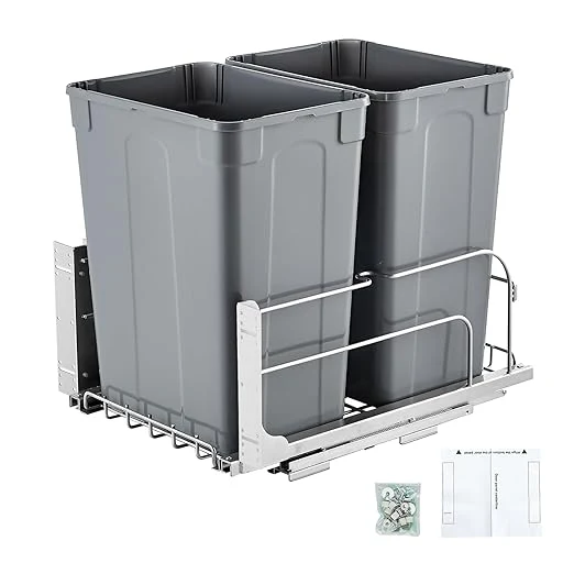 Original Design VEVOR Pull-Out Trash Can 35 QT x2 Double Under Mount Kitchen Waste Container Heavy Duty Garbage Recycling Bin with Door Kit and Soft Close Slide for Kitchen Cabinet Sink Under Counter Grey About ThisOverview Original