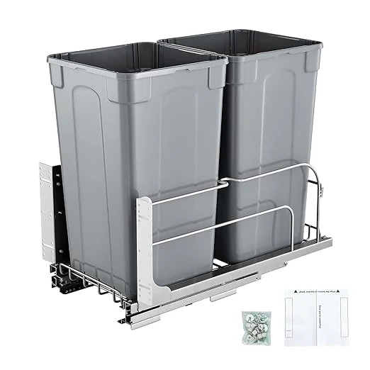 Eco-Friendly VEVOR Pull-Out Trash Can 27 QT x2 Double Under Mount Kitchen Waste Container Heavy Duty Garbage Recycling Bin with Door Kit and Soft Close Slide for Kitchen Cabinet Sink Under Counter Grey About ThisOverview Detailed