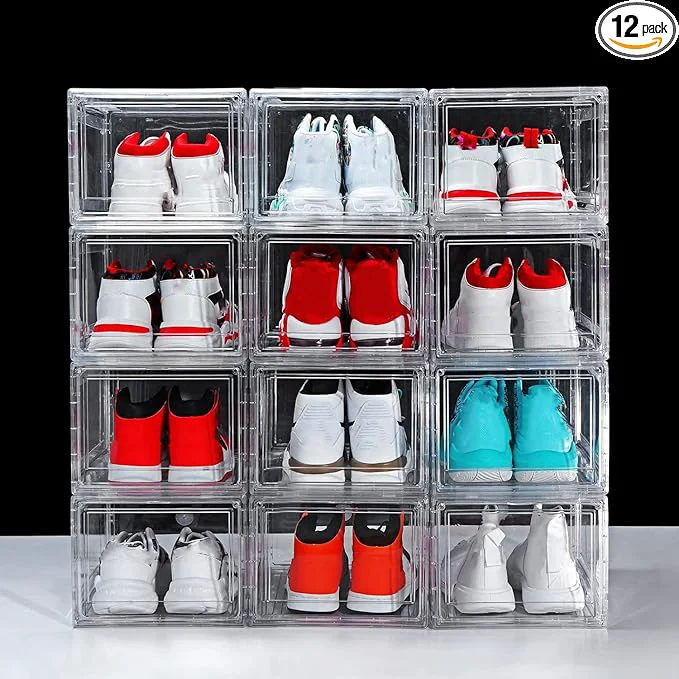 Elegant 12 Pack Shoe Boxes Clear Acrylic Plastic Shoe Boxes Stackable Space-Saving Foldable Drop Front Shoe Storage Boxes Container for With Lids Fits Up to Size 15 Transparency About ThisOverview Solid