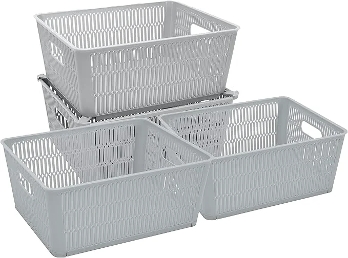 Durable Simplify 4Pk Large Slide 2 Stack It Tote Basket Storage Organization Open Bins with Stackable Capability Bathroom Crafts Pantry Playroom Office Grey KIT-25930-GREY-4PK About ThisOverview Elegant