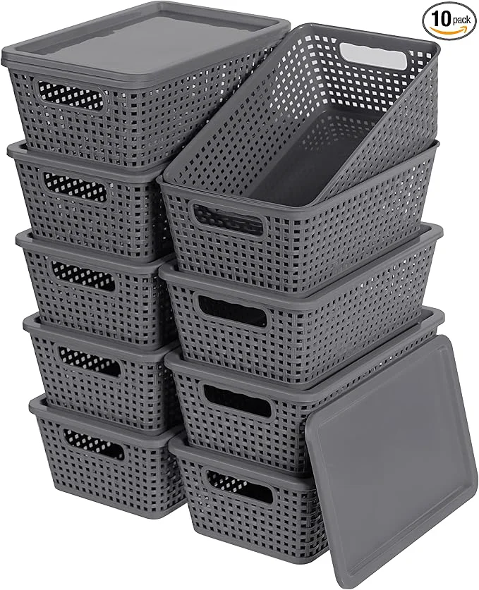 Smart Plastic Storage Baskets With Lid Storage Bins for Organizing Stackable Decorative Containers for Shelves Drawers Desktop Closet Playroom Classroom Office 10 Pack-GreyAbout ThisOverview Secure