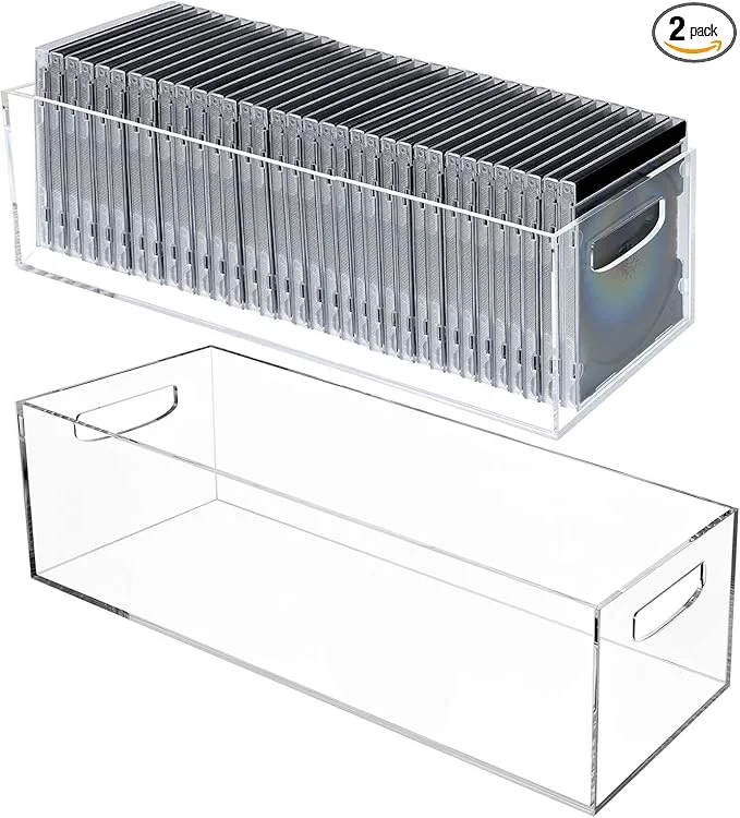 Fashionable 2 Pack DVD CD Storage Box Acrylic Clear DVD Holder Case with Handles Stackable Storage Container Shelf Organizer Bin for CDs Video Games Cases Blu-Rays Books Booklets Countertop Cabinet Home OfficeAbout ThisOverview Excellent