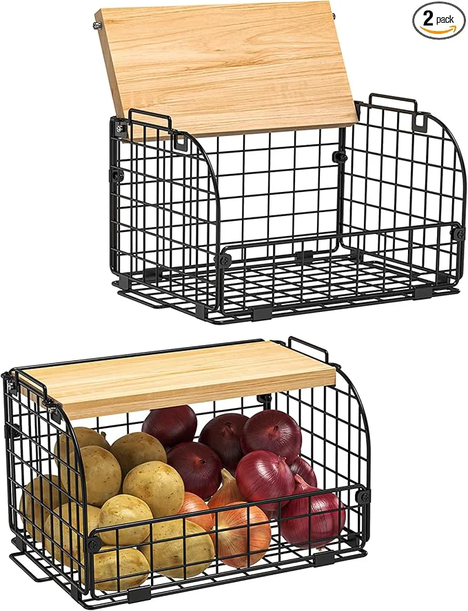 Lightweight 2 Set Stackable Wire Basket with Openable Top Kitchen Counter Pantry Organizer and Storage Produce Onion Potato Fruits Vegs Bread Food Snack Spice Organizing Bin for Cabinet Shelf Countertop FloorAbout ThisOverview Superior