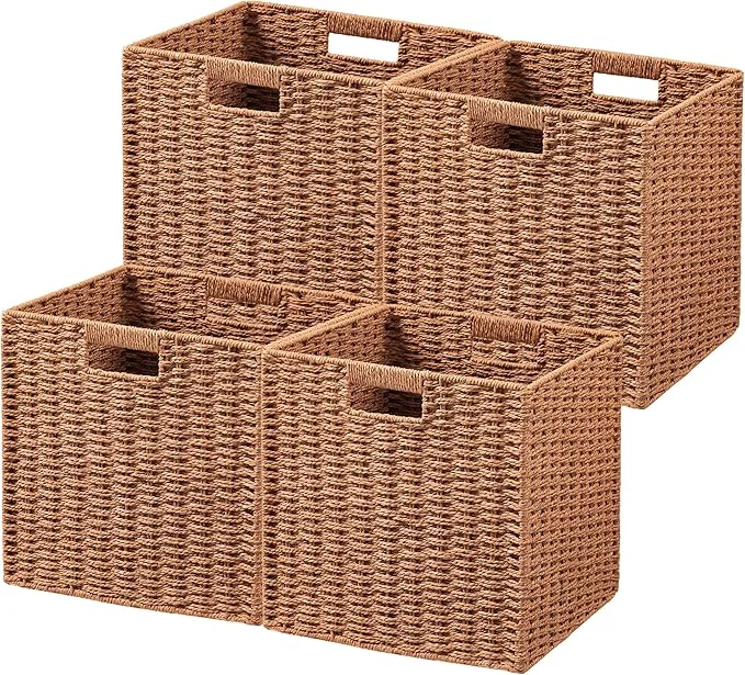 Optimized UBBCARE 4 Pack Wicker Basket 11L×11H×10.5W inch Woven Paper Rope Storage Baskets for shelves Foldable Cube Storage bin with Handle Storage Basket for Organizing Decor CaramelAbout ThisOverview Modern