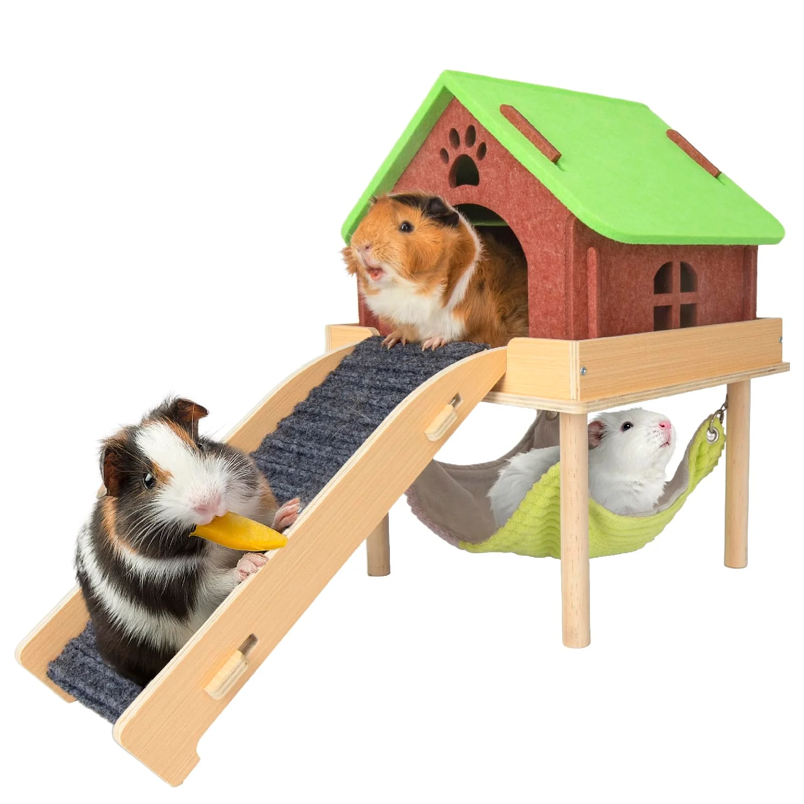 Eco-Friendly BESNEW 3-in-1 Enlarged Guinea Pig Hammock Wooden Hideout with House Platform Stairs – Small Animal Toys Efficient