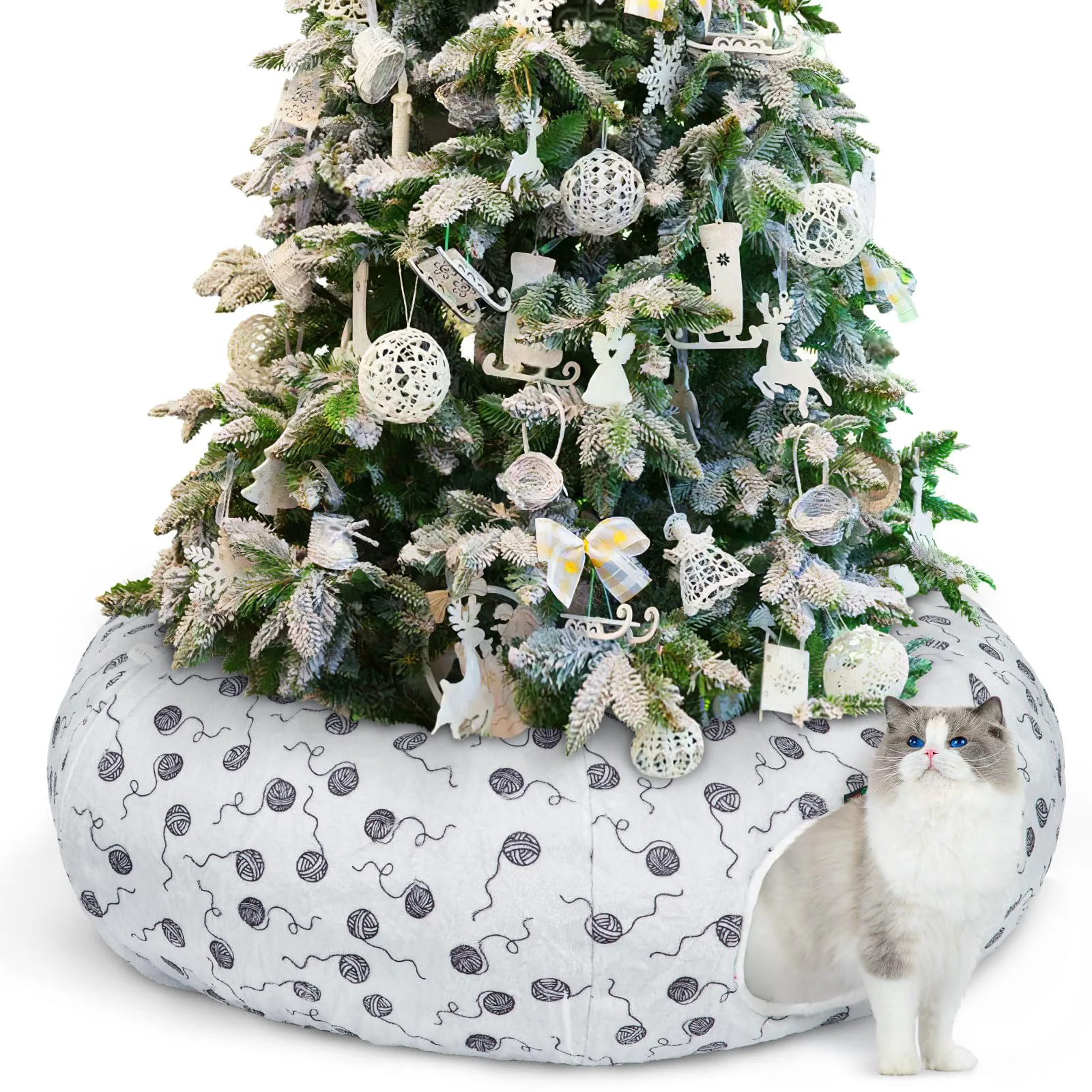 Natural Ownpets Large Christmas Cat Tunnel Tree Skirt — Plush Donut Tunnel Bed for Cats and Small Pets Modern