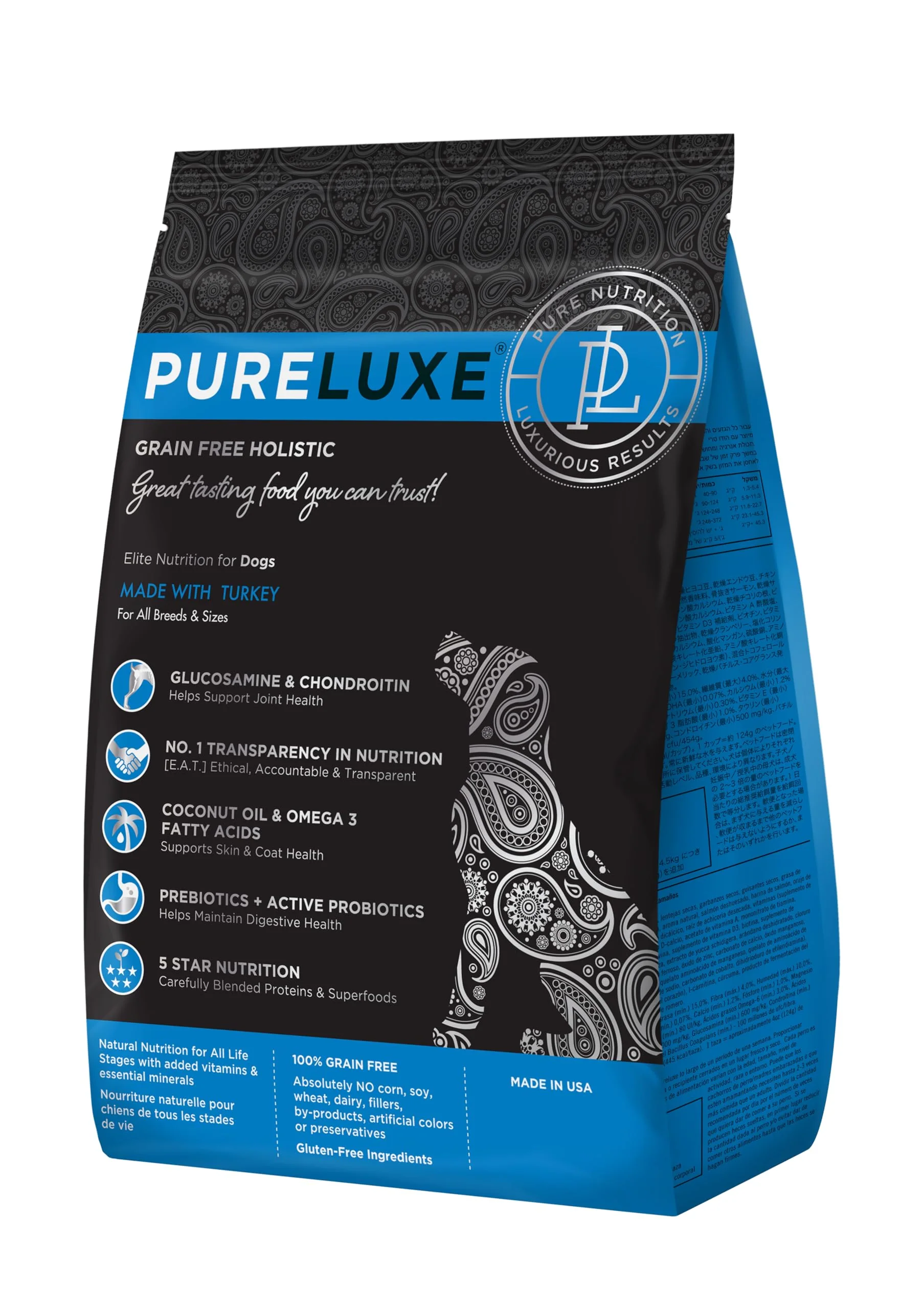 Professional PURELUXE Grain and Gluten Turkey Elite Nutrition Dog Food – All Breeds Life Stages USA Made 4lbs Relaxed