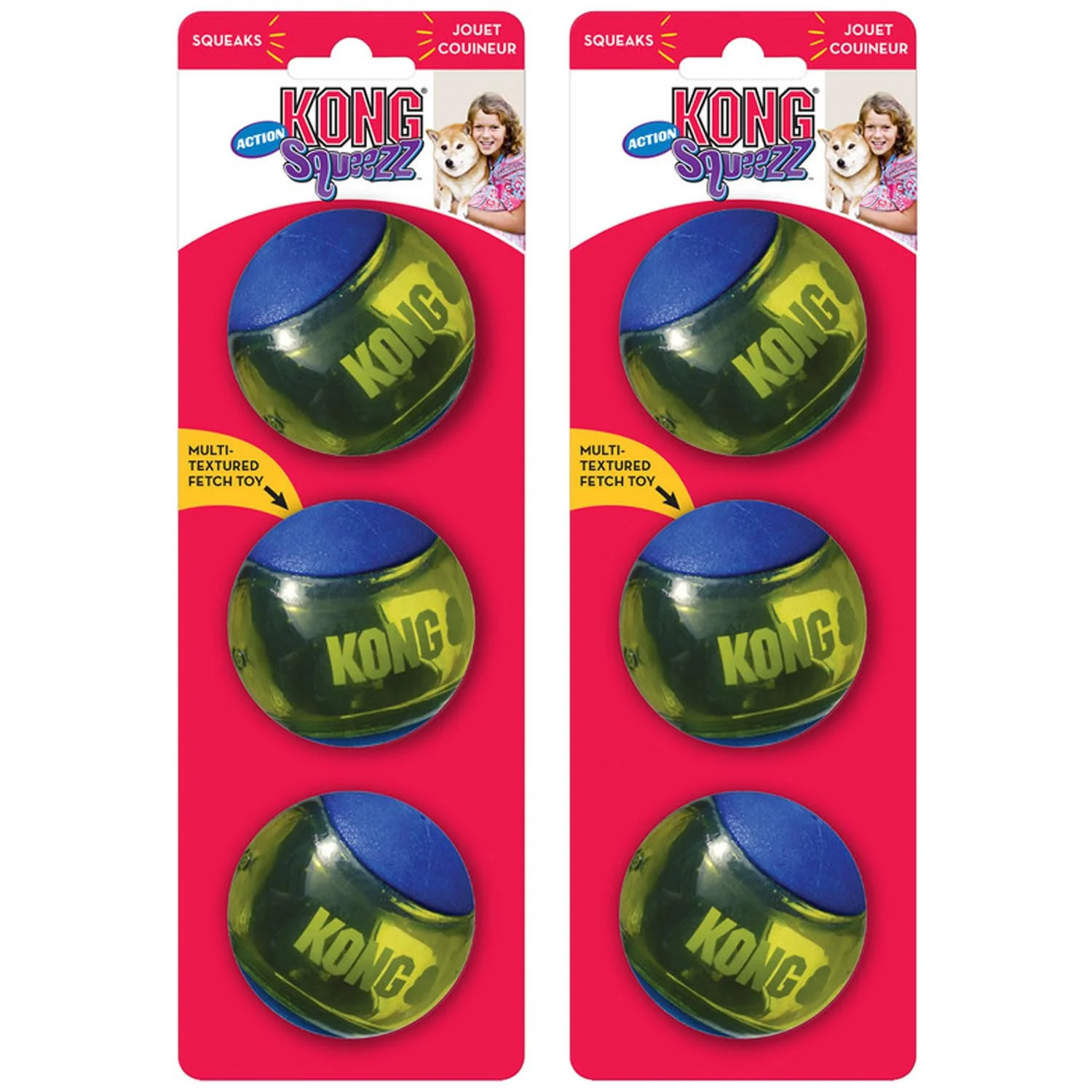 Comfortable KONG Squeezz Action Ball Dog Toy – Durable Squeaky Bouncy Ball for Fetch Chew Blue 6-Pack Powerful