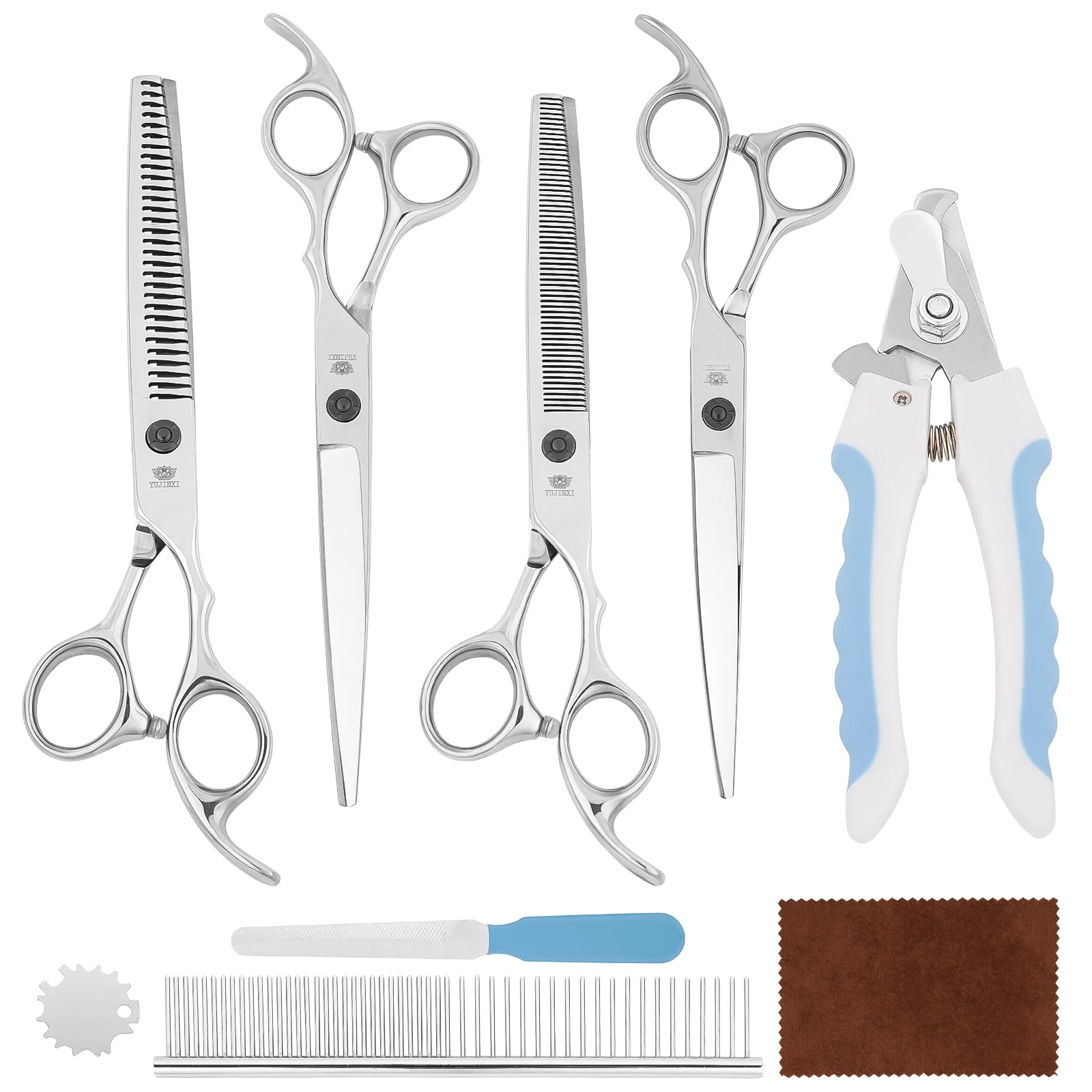 Natural YUJINXI 6-in-1 Dog Grooming Scissors Set — Curved Thinning Chunker Straight Comb 440C Steel Advanced
