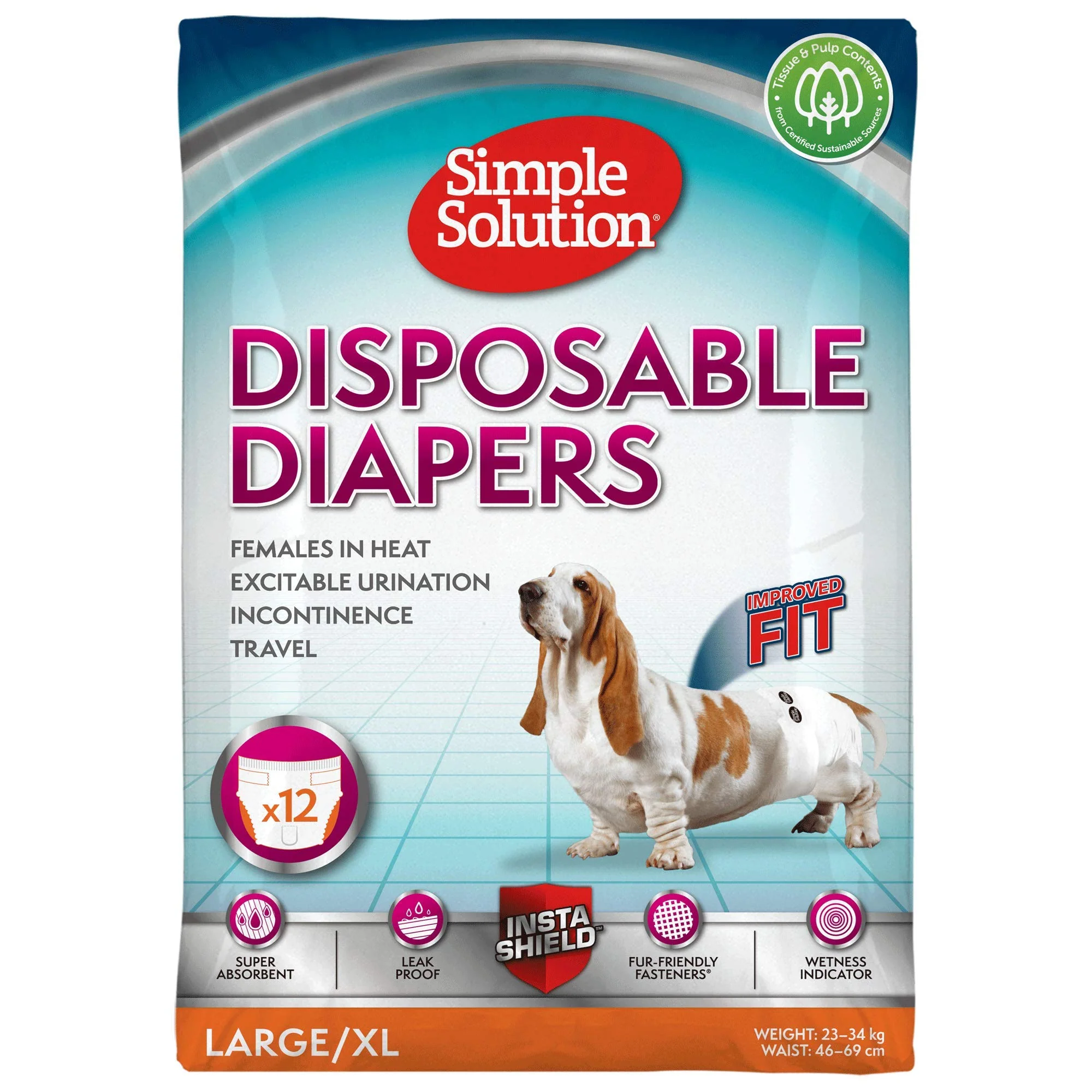 Advanced Simple Solution Disposable Female Dog Diapers – Large 12 Count Leak-Proof Ultra-Absorbent Classic