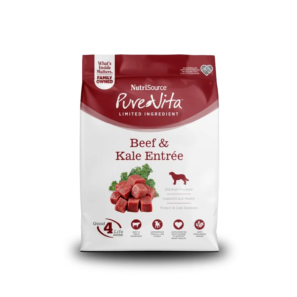 Expertly Made NutriSource Pure Vita Beef Kale Dog Food 4LB Limited Ingredient Probiotic Kibble Classic