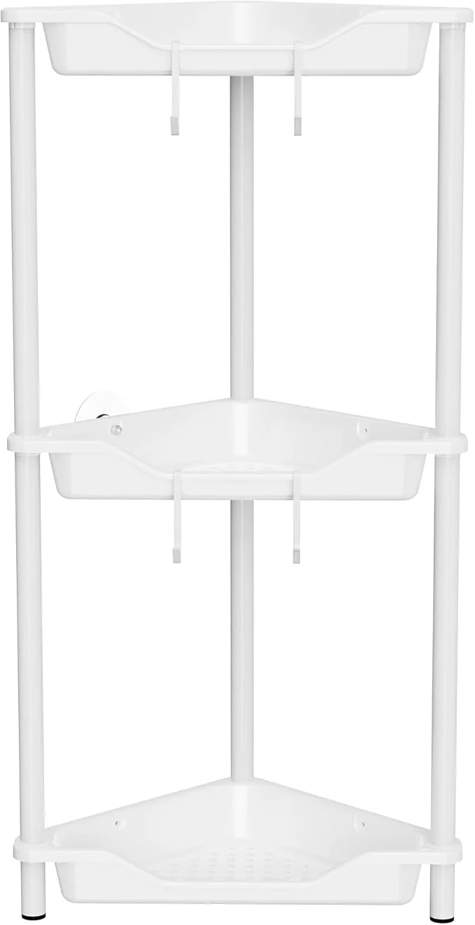 Enhanced Orimade Rustproof 3 Tier Floor Standing Corner Shower Caddy Organizer Plastic Metal Splicing Floor Corner Shelf Rack Stands for Bathroom WhiteAbout ThisOverview Environmentally Friendly