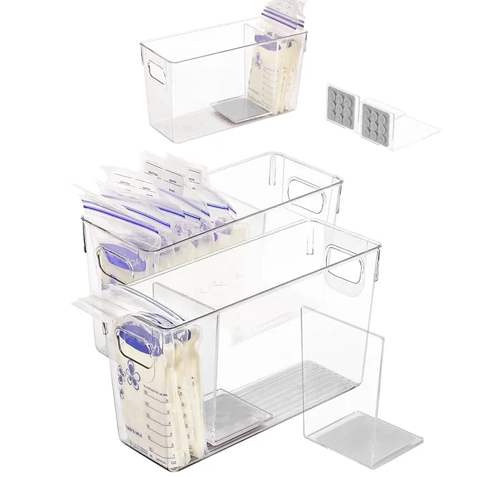 Convenient Breastmilk Storage Container with L Shaped Separator Boards Dividers Will Flatten Standing Breast Milk Bags in Organizer Bins Save Refrigerator Space 2 Containers-Gray Modern
