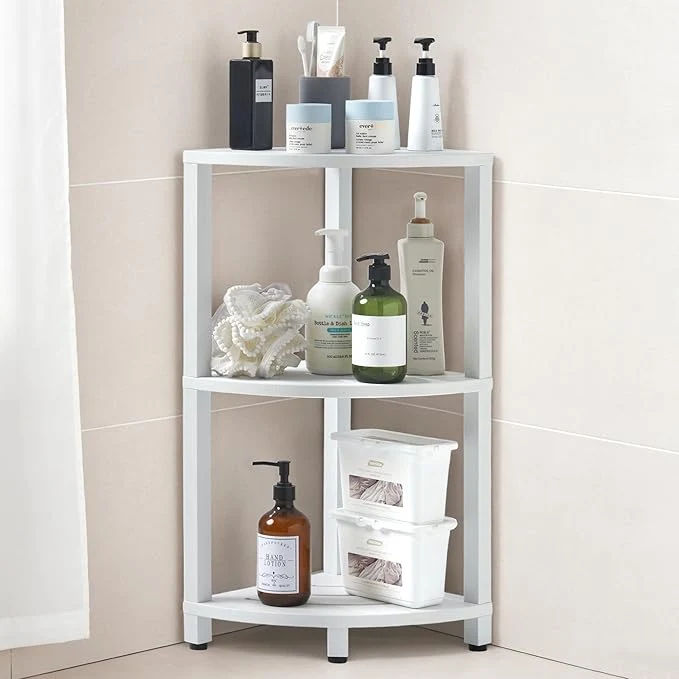 Natural HDPS 3 Tier Floor Standing Corner Shower Caddy Organizer Shelf Waterproof Durable Bathroom Shelves Stand Rack with Anti-Slip Feet Space-Saving Design StorageAbout ThisOverview Elegant