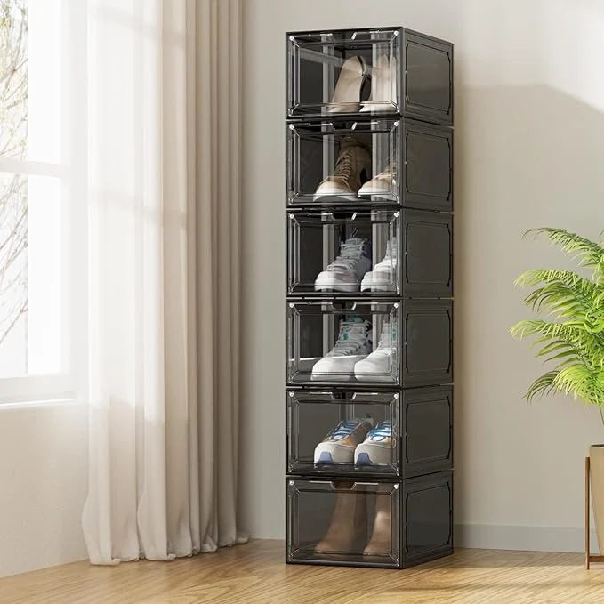 Genuine Shoe Box Set of 6 Stackable Plastic Clear Shoe Box Organizer with Magnetic Door Shoe Storage Box Thicken Sturdy Easy Assembly Fit up to US Size Front opening door Black About ThisOverview Pure