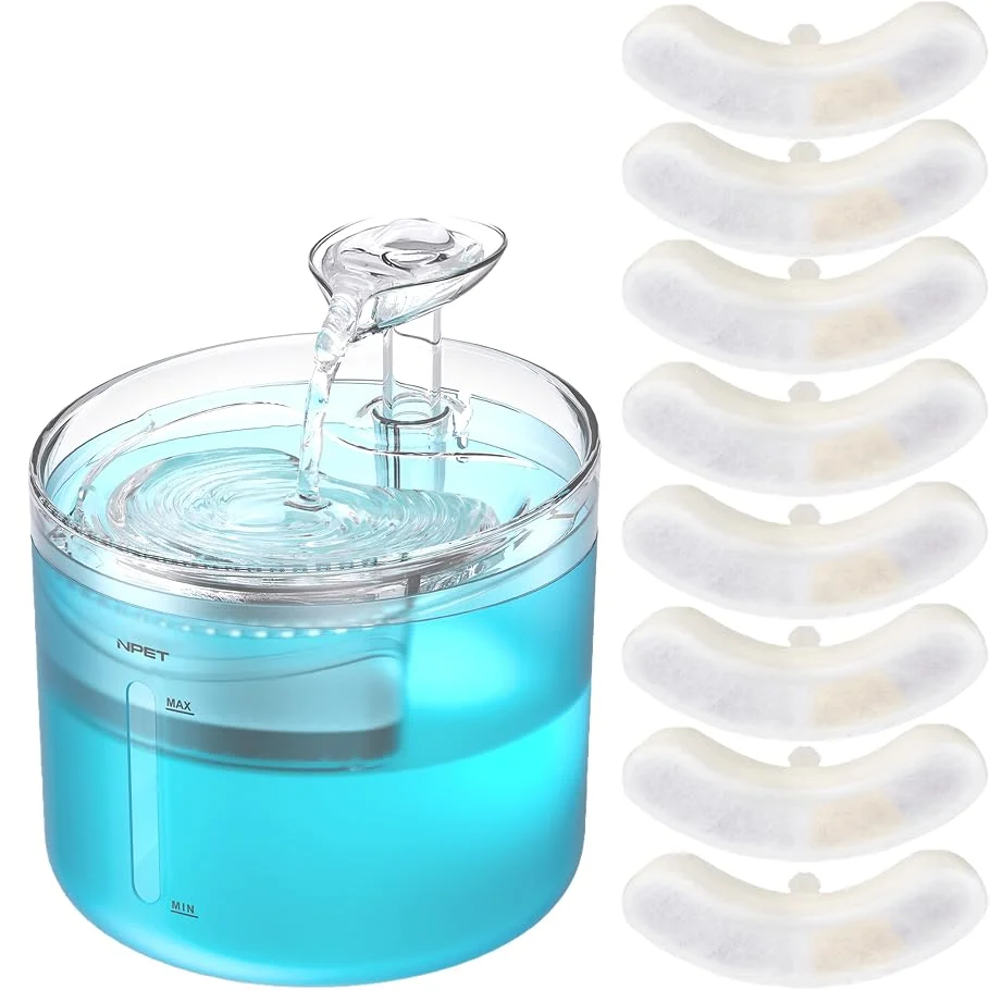 Breathable NPET WF100 Cat Water Fountain – 54oz 1.6L Leaf-Faucet Quiet Bottom-Suction Pump 8 Filters 8 Sponges Blue Soft