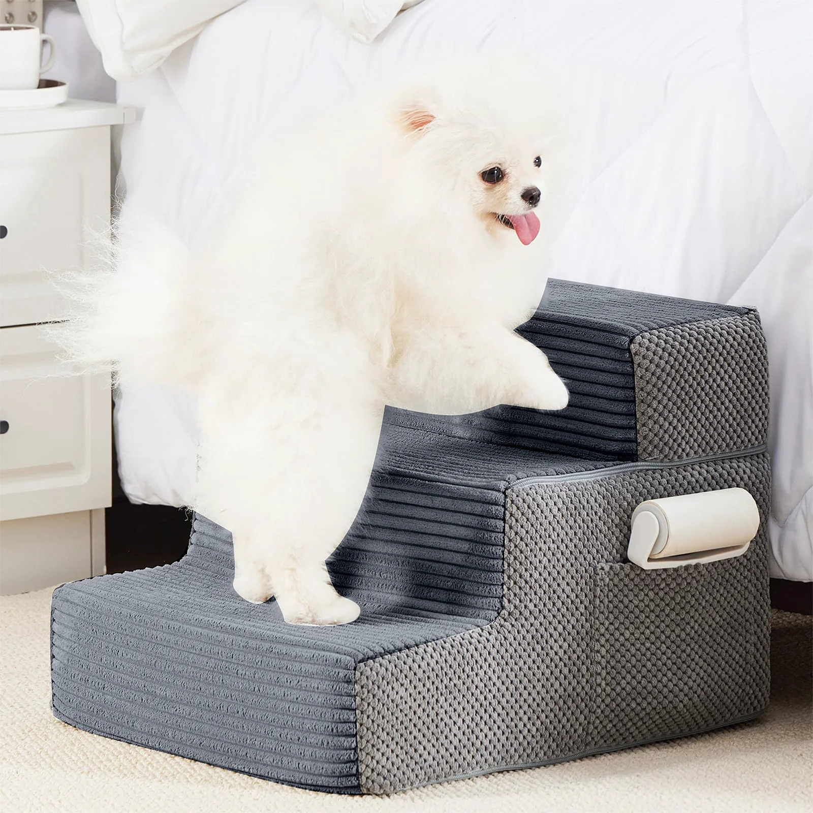 Quality HYLEORY Dog Stairs for Bed 13.5in H – 3-Step Pet Stairs Non-Slip Portable with Storage Grey Solid