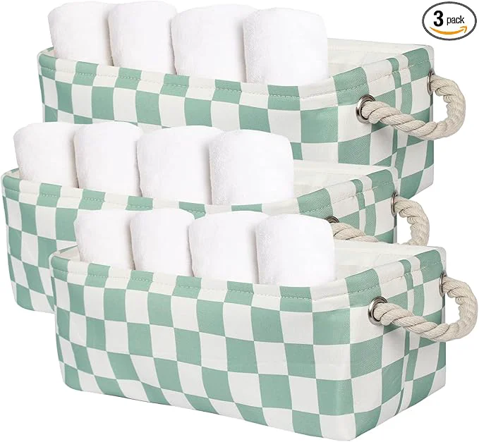 Superior 3Pcs Sage Green Checkered Canvas Basket Small Rectangular Organizing Decorative Storage Basket for Kids Dog Toy Cute Aesthetic Checkered Room Decor for Home Bedroom Shelves Green About ThisOverview