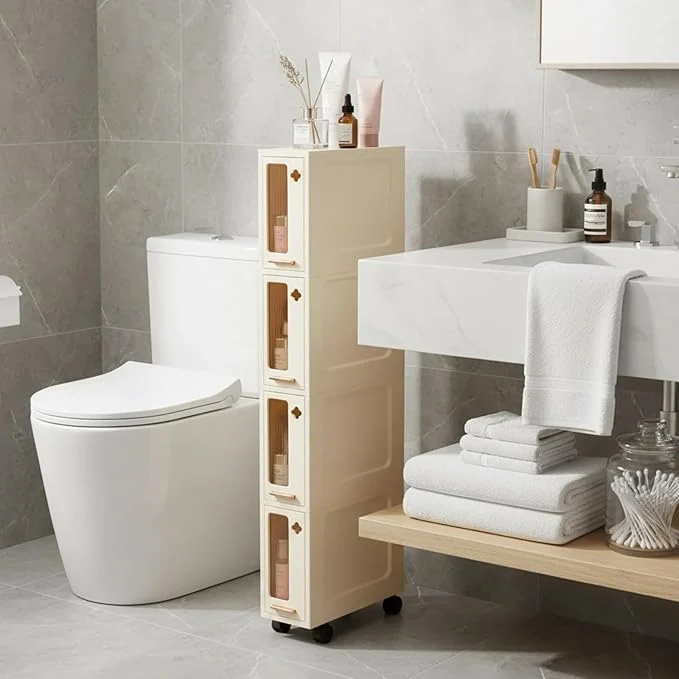 Luxury Weysat Narrow Bathroom Storage Cabinet with Wheels Slim Storage Organizer with Transparent Doors and Shelves for Small Space Bathroom Bedroom Kitchen 4 Tiers About ThisOverview Reusable