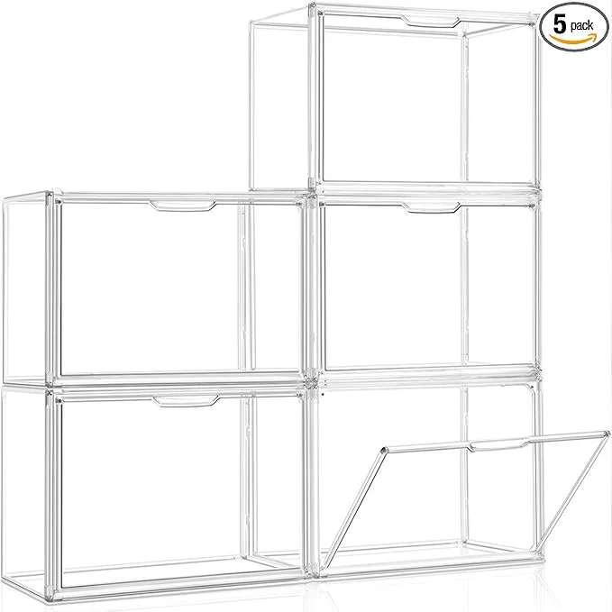 Casual Clear Stackable Storage Bins Acrylic Display Case Acrylic Boxes with Lids Magnetic Lid Storage Bins for Handbags Purse Large Figures Collectibles Storage Box for Home Organization 5 Pack About ThisOverview Optimized