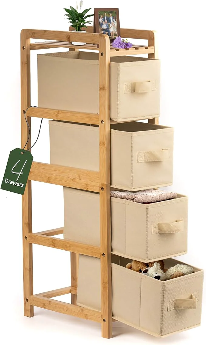 Green HH DESIGNS Wooden Narrow Dresser- Skinny with 4 Fabric Drawers- Slim for Small Spaces- Vertical Bamboo Storage- Skinny for Bedroom Living Room Laundry RoomAbout ThisOverview Environmentally Friendly