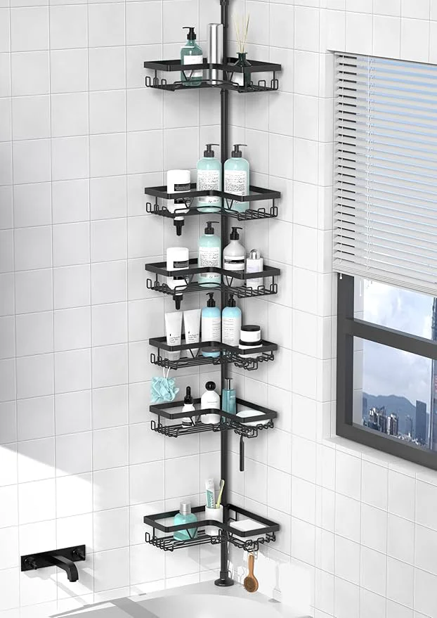 Proven KEGII Corner Shower Organizer 6-Tier Tension Pole Shower Caddy Black Floor Standing Corner Shelf for Shower 25-114.2 inch Waterproof and RustproofAbout ThisOverview Sustainable