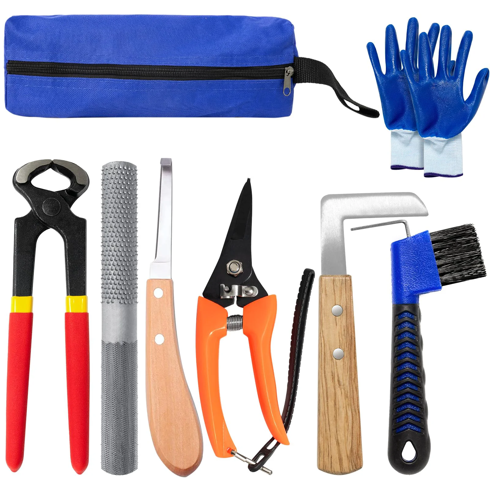 Proven Huimpet 8-Inch Farrier Tools Kit 8 Piece – Carbon Steel Hoof Nippers Rasp Knife Shears Brush Gloves Storage Bag Premium Material