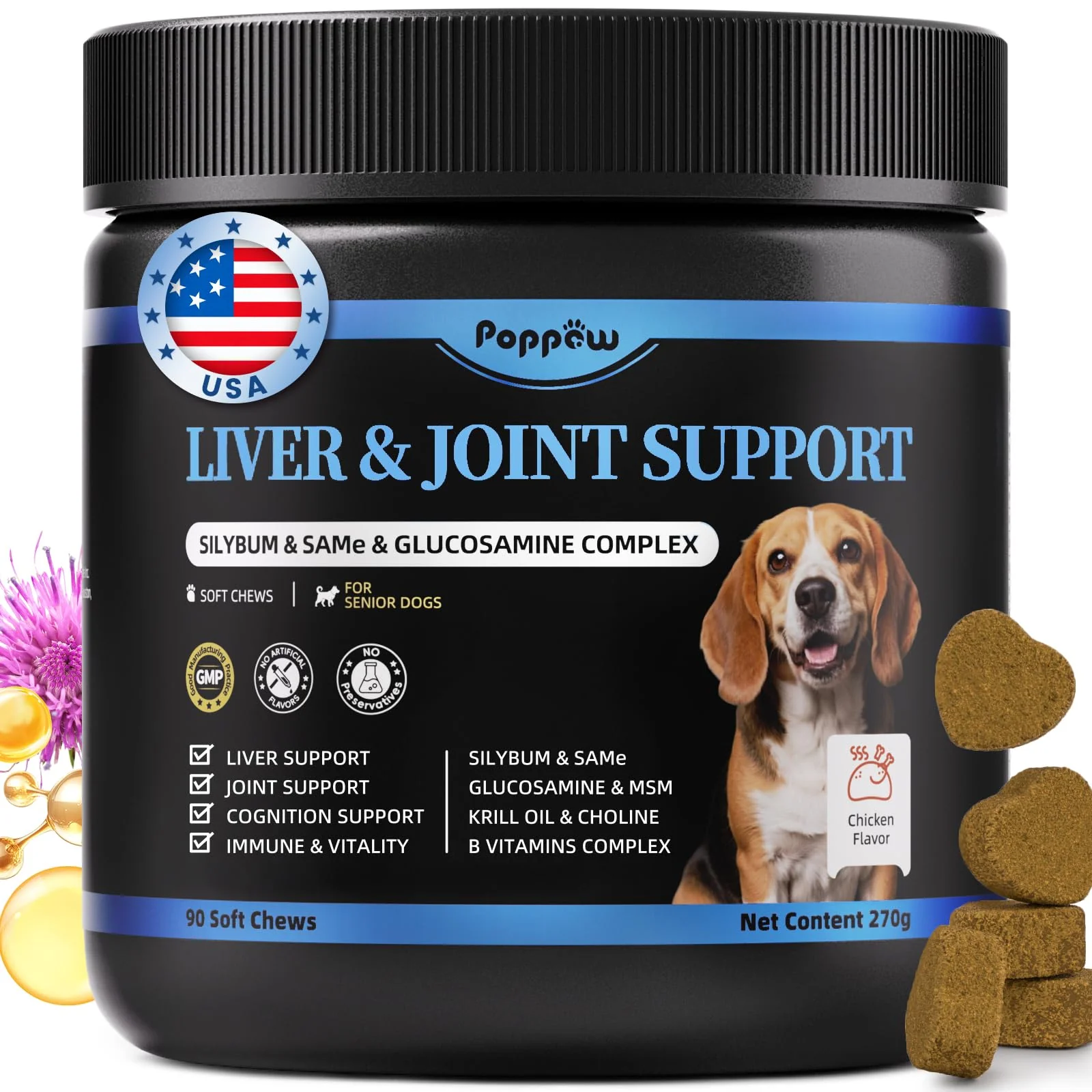 Exceptional POPPAW Senior Dog Liver Joint Supplement – Milk Thistle Glucosamine MSM Krill Oil 90 Ct Elegant