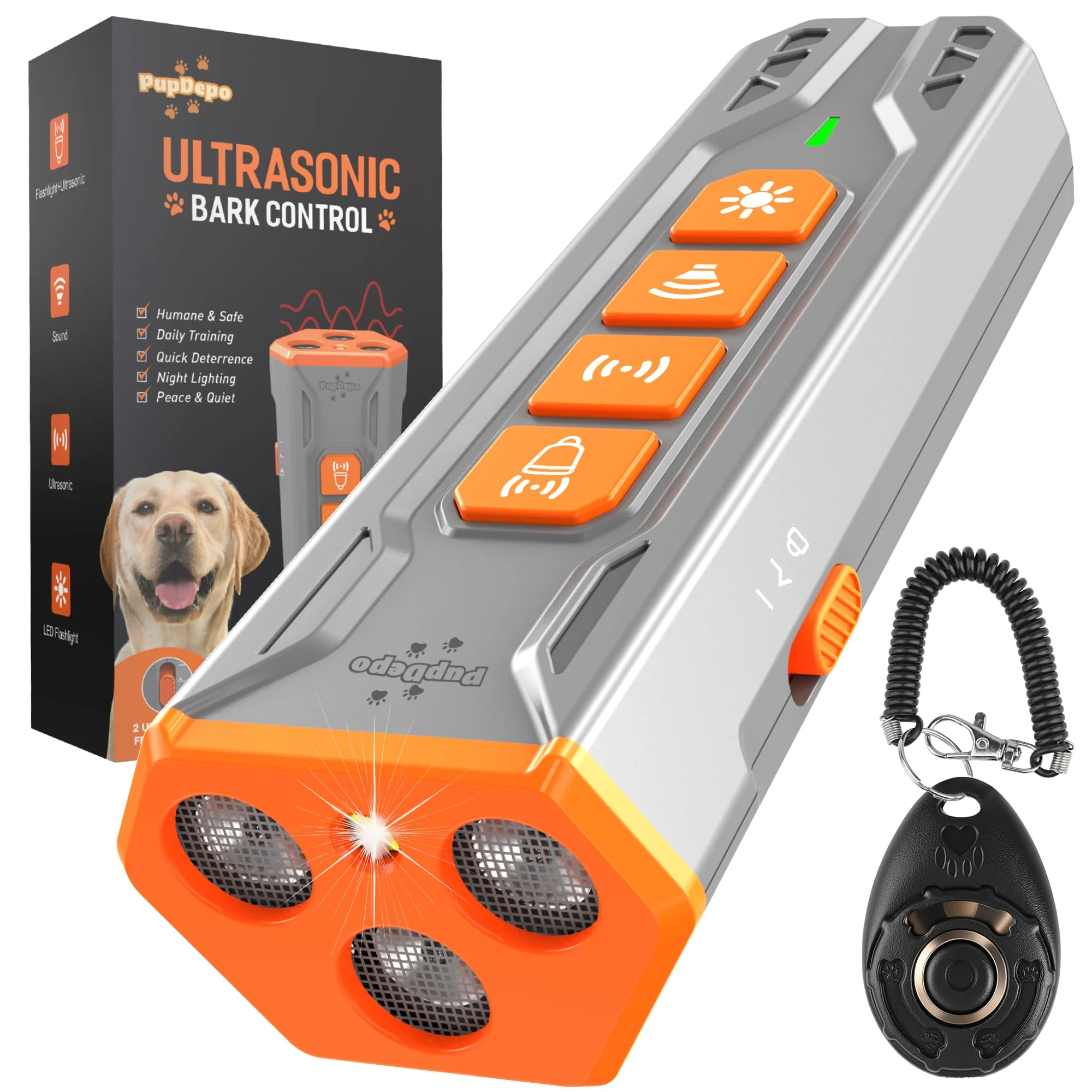 Verified PupDepo Dog Bark Deterrent Device with Training Clicker – Ultrasonic Bark Stopper Fine