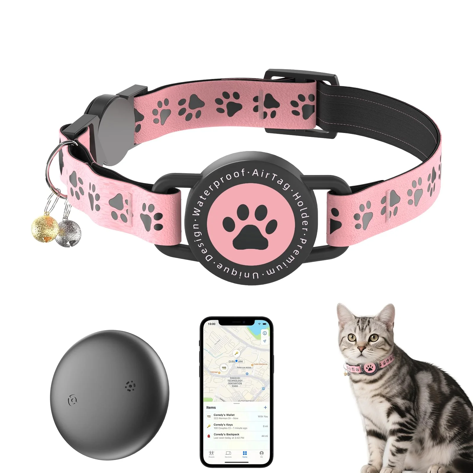 Top-Quality ZOWPET GPS Cat Collar Pink – AirTag Holder Waterproof No Subscription Find My iOS Long-Lasting