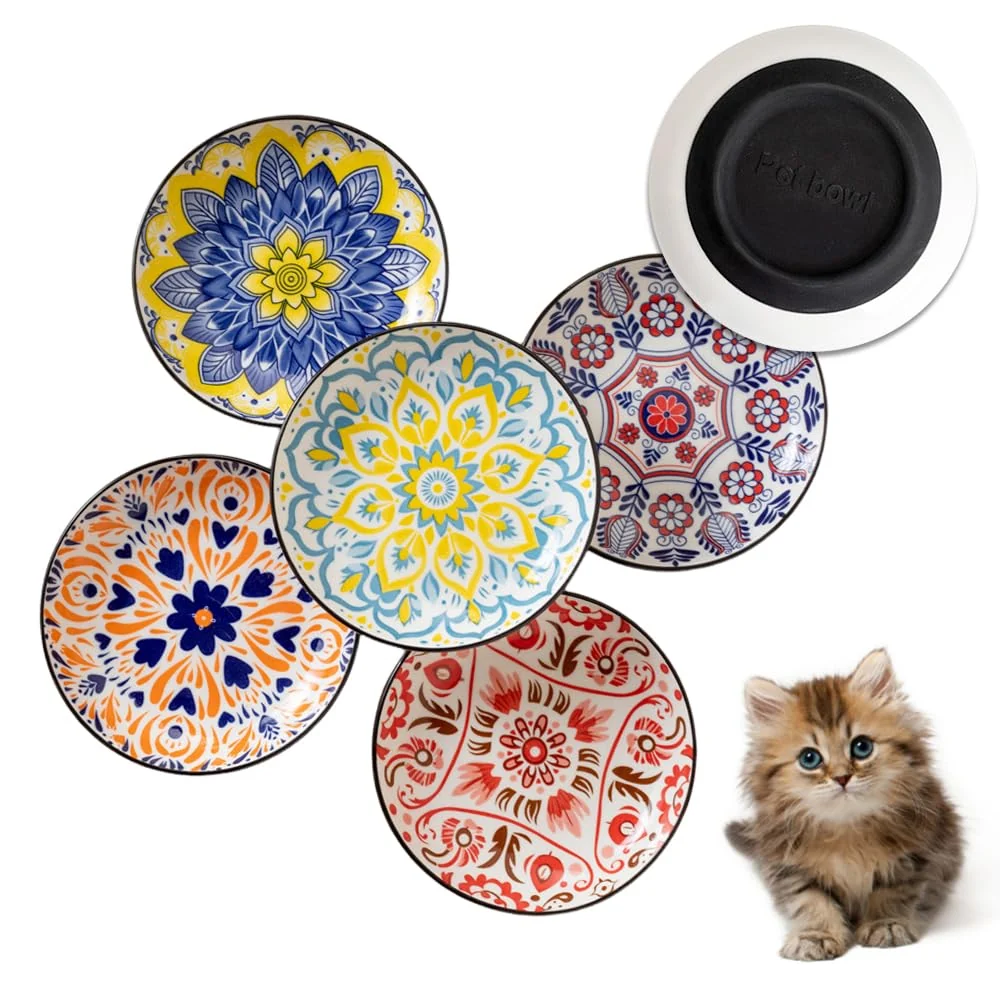 Luxury LEEWHEEL Non-Slip Ceramic Cat Bowls – Wide Whisker-Friendly 6-Pack 8.5 oz Anti-Slip Base Convenient