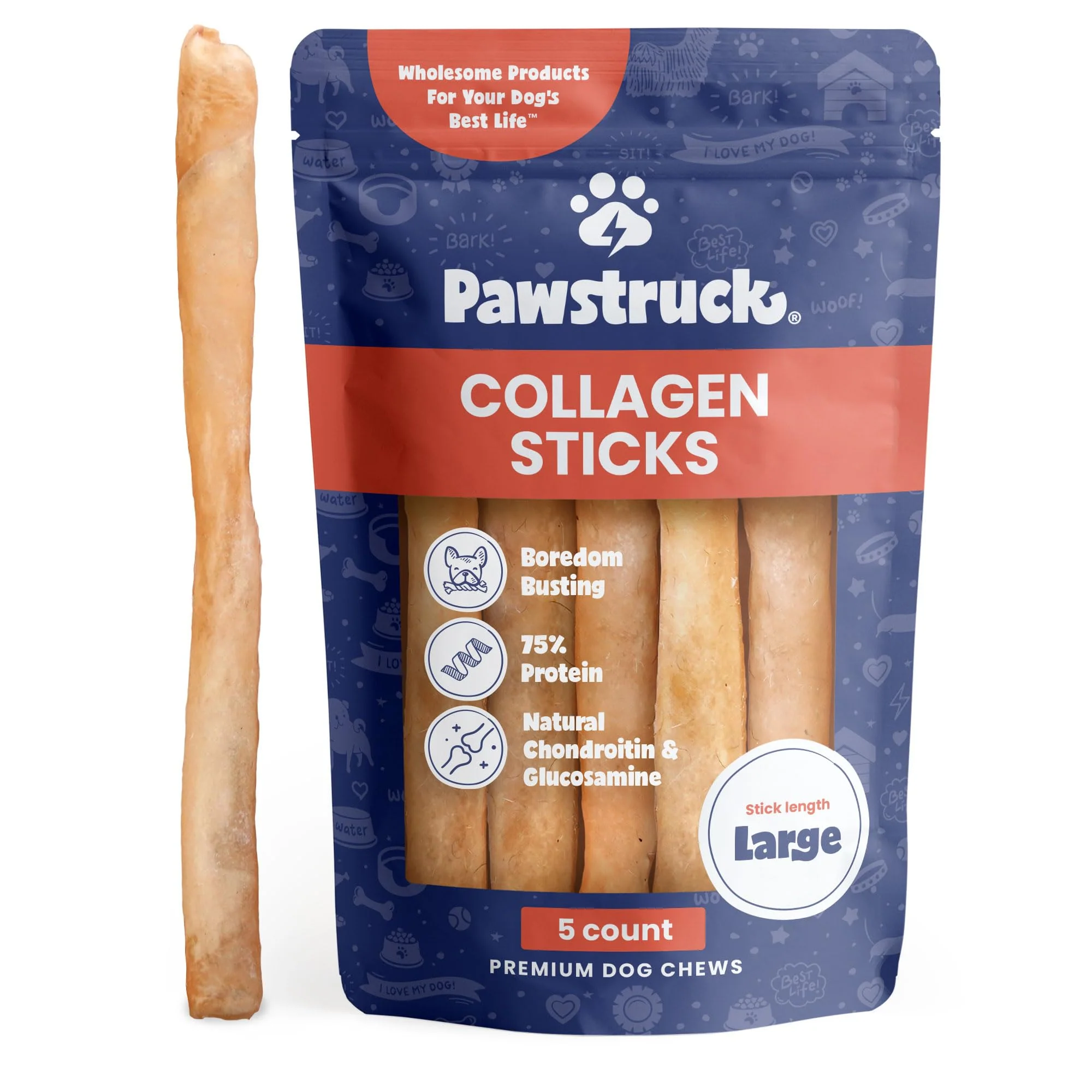 Casual Pawstruck Natural Large 12 Beef Collagen Sticks for Dogs – 5 Pack Relaxed
