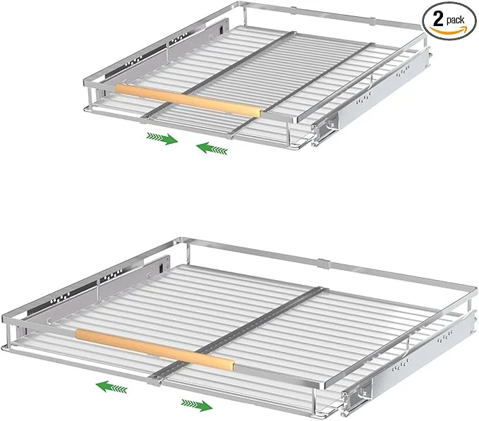 Quality Expandable Pull Out Drawer Cabinet Organizers Heavy Duty Slide Out Storage Shelf for Home Kitchen Pantry Cupboard Pots Pans Adjustable Width from 17.2 28.1 Stainless Steel 2 PackAbout ThisOverview Soft