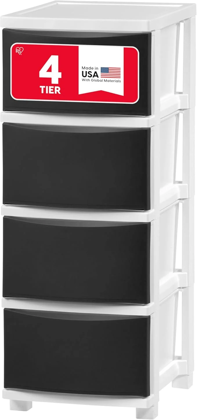 Natural IRIS USA Plastic Drawer Storage Organizer 4-Drawers for Classroom Art Supplies Bathroom Dorm Bedroom Laundry Room Slim Narrow White Frame with Matte Black Front PanelsAbout ThisOverview Certified