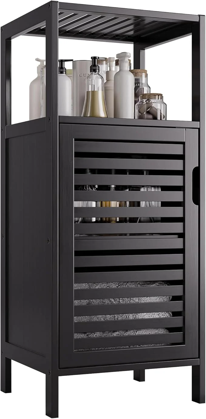 Clean HITNET Bamboo Floor Cabinet Small Bathroom Cabinet Floor Standing 4 Tier Narrow Side Storage Cabinet Space Saving Kitchen Cupboard with Single Door BlackAbout ThisOverview Safe