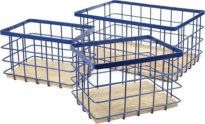 Convenient happimess BSK3004D-3SET Evvie Vintage Farmhouse Wire Metal Nesting Storage Baskets with Wood Base for Shelves Cabinets Pantry Countertop Mesh Open Bin Basket Navy Natural Set of 3 About ThisOverview Healthy