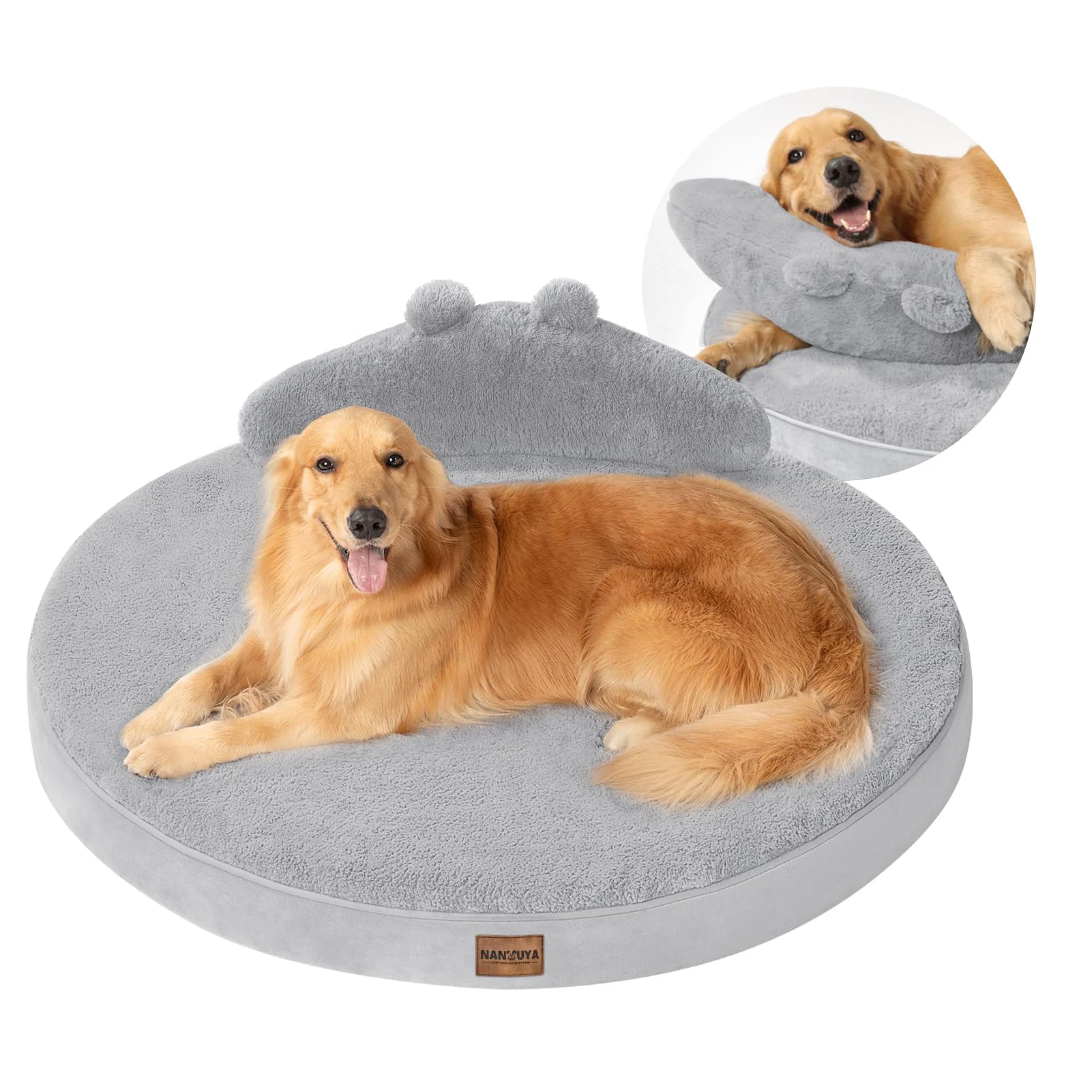 Certified NANUYA Large Dog Bed – Orthopedic Round Bed for Extra Large Dogs with Waterproof Removable Cover Bear Ear Pillow Optimized