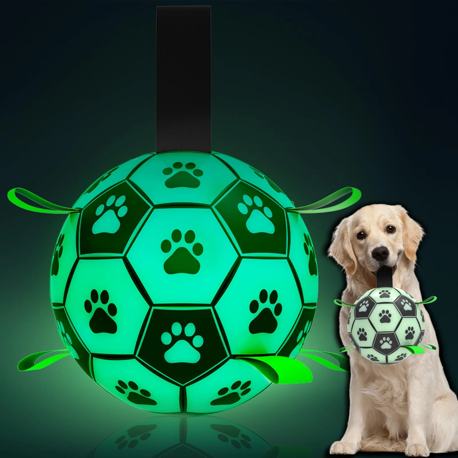Soft QDAN Glow in The Dark Dog Ball with Straps – Light Up Tug Fetch Toy for Large Dogs 8 Inch Comfortable