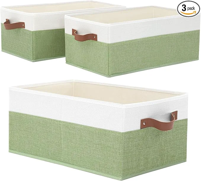 Practical 3 Pack Large Capacity Storage Bins Closet Organizer for Shelves Fabric Closet Storage Baskets Boxes with Leather Handles for Organizing Clothes Sheets Jeans Toys Books Green About ThisOverview Quality