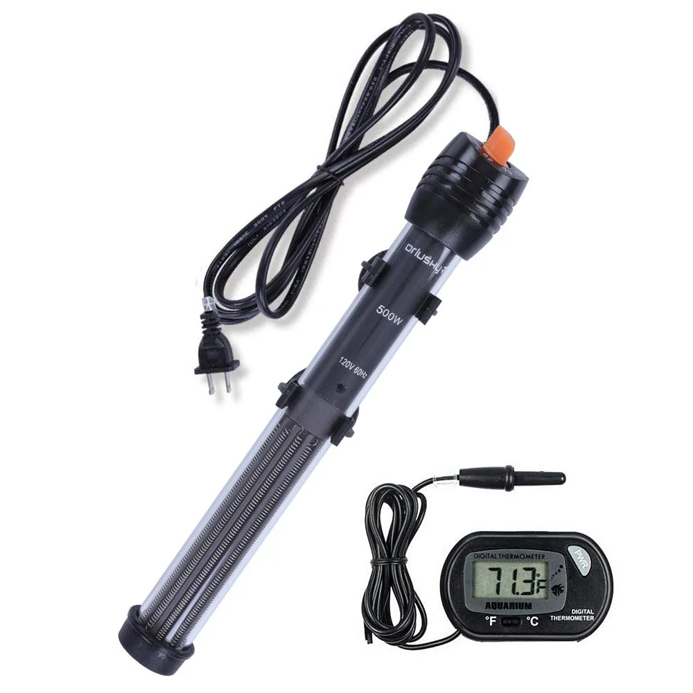 Effective Orlushy 500W Submersible Aquarium Heater – Adjustable Thermostat 2 Suction Cups Thermometer Saltwater Freshwater Fine